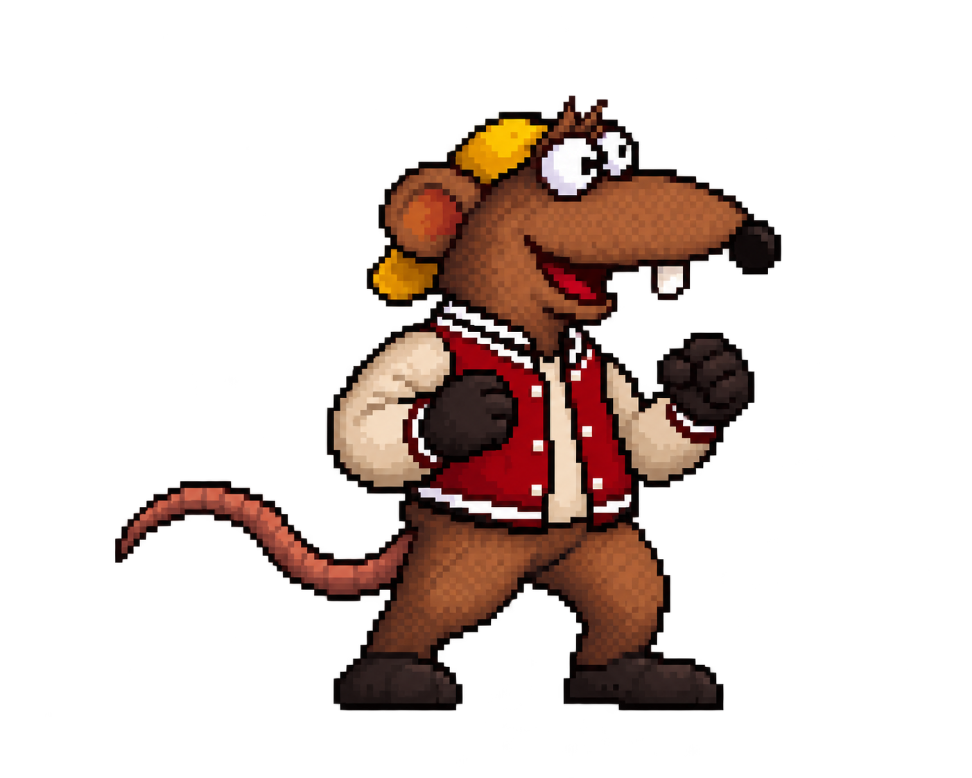 RIZZO, the brown rat wearing a red varsity jacket and a backwards yellow cap